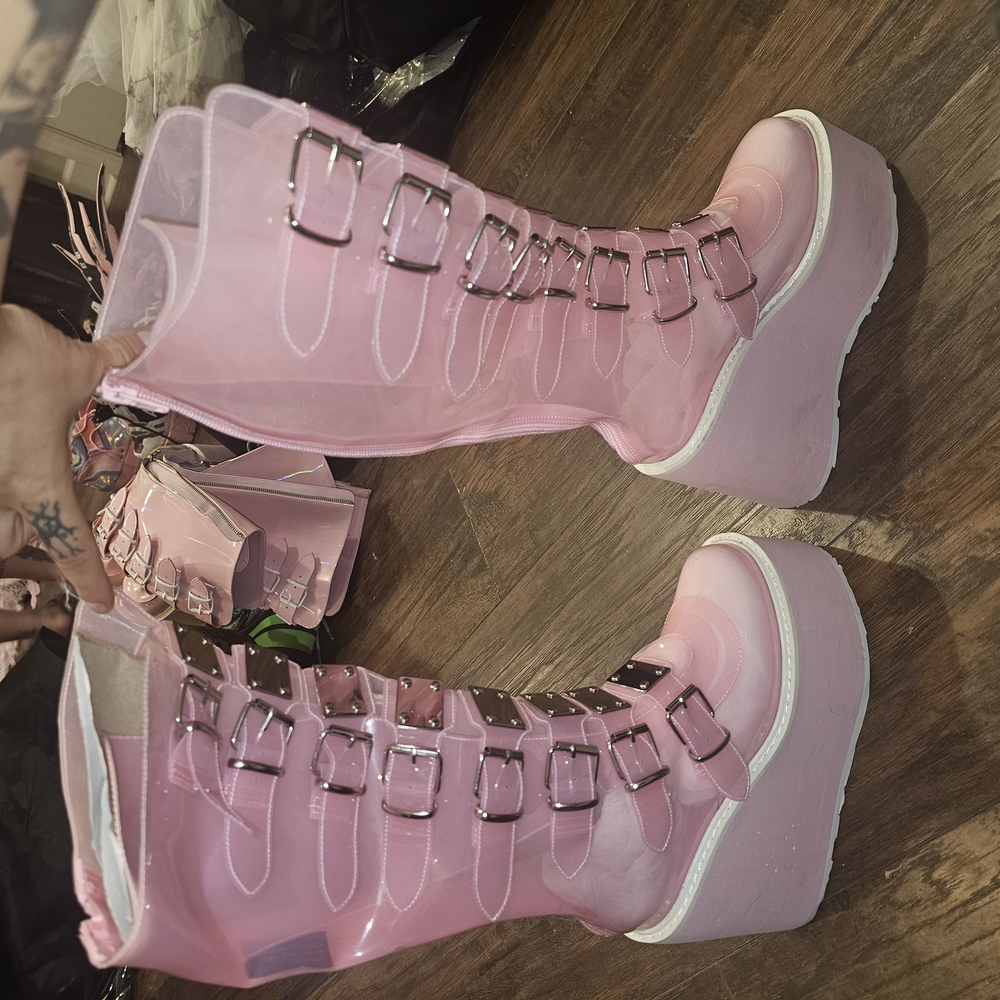 Pink Platform Buckle Boots